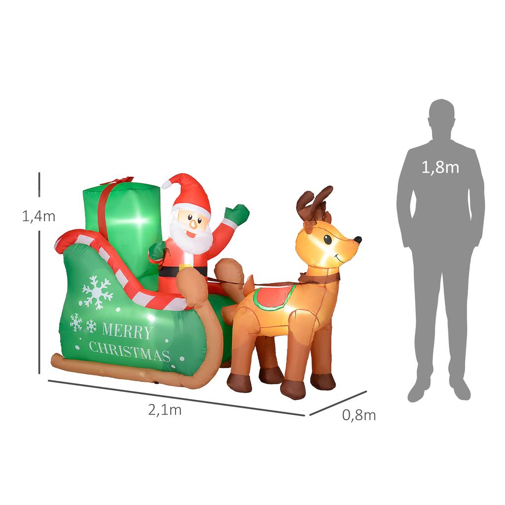 Santa Claus with sleigh & reindeer, inflatable, white LED lighting, 210 x 80 x 140 cm