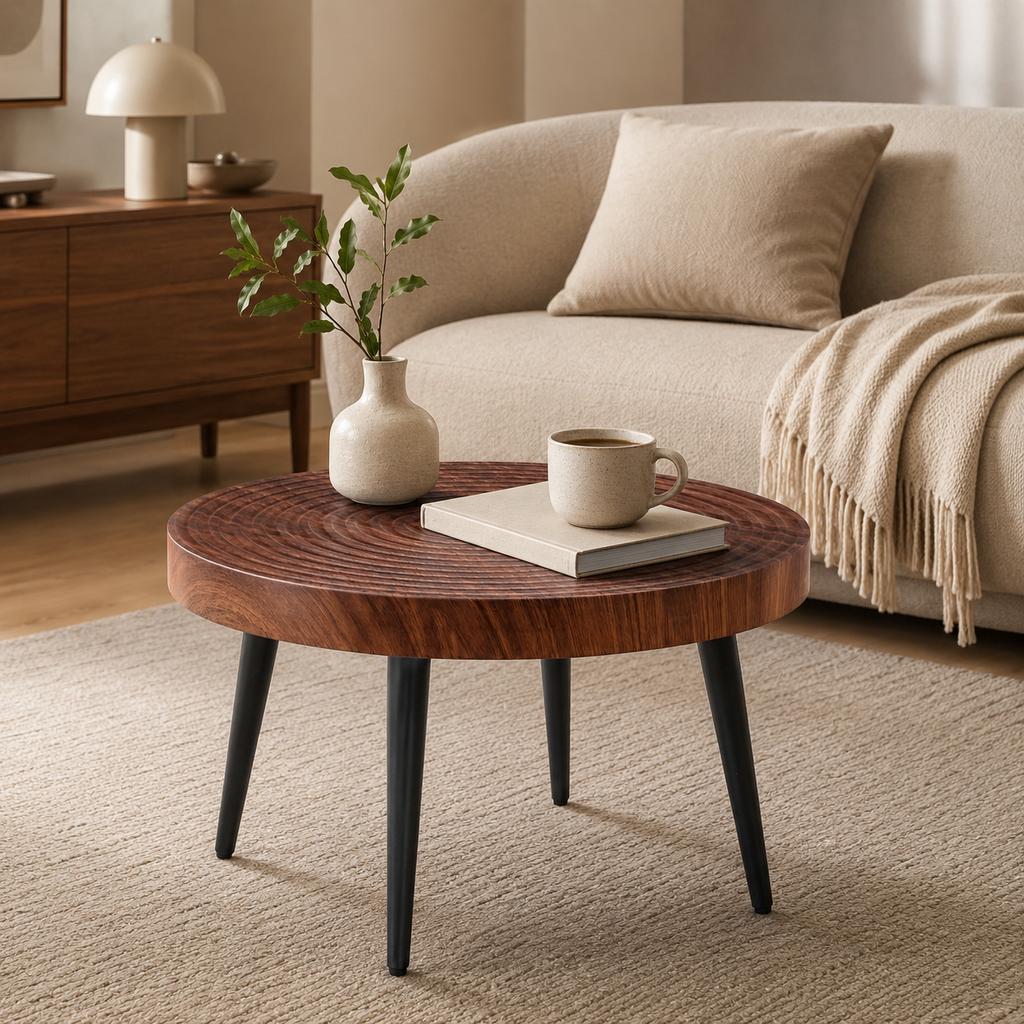 Round Coffee Table made of Dark Wood with 5 cm Thick Top featuring Annual Rings, and Black Metal Legs; Ideal for Small Living Rooms
