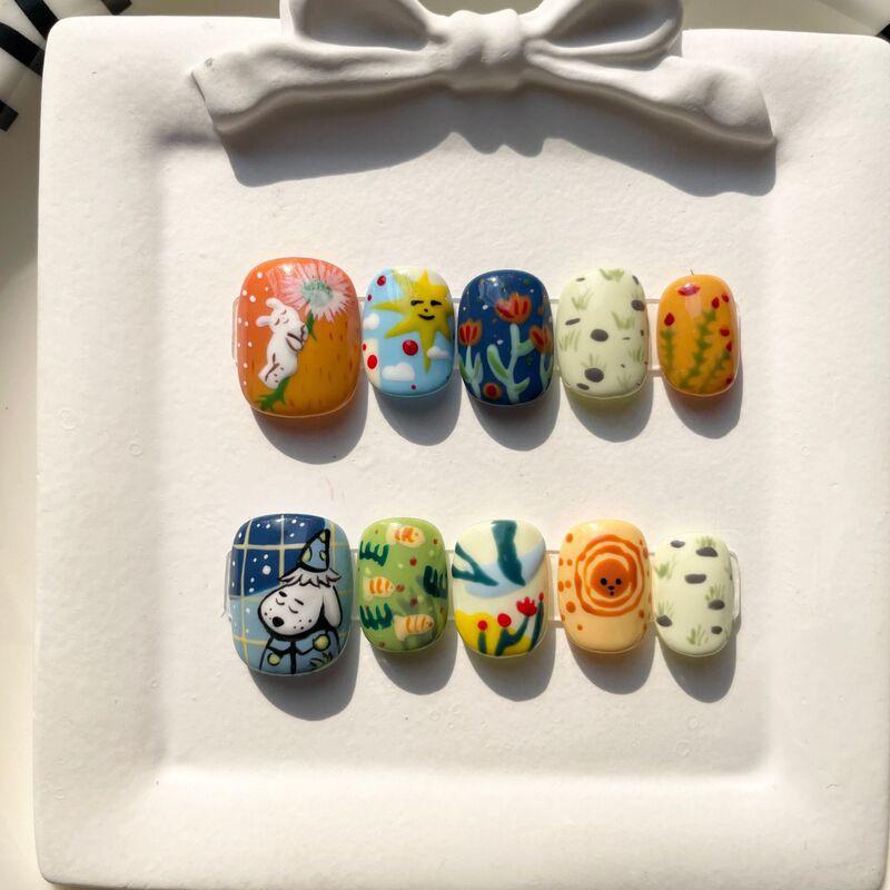 Hand-Painted Press-On Nails Short Square Cat Eye Design Cute Kawaii Style Wearable Nail Tips Women
