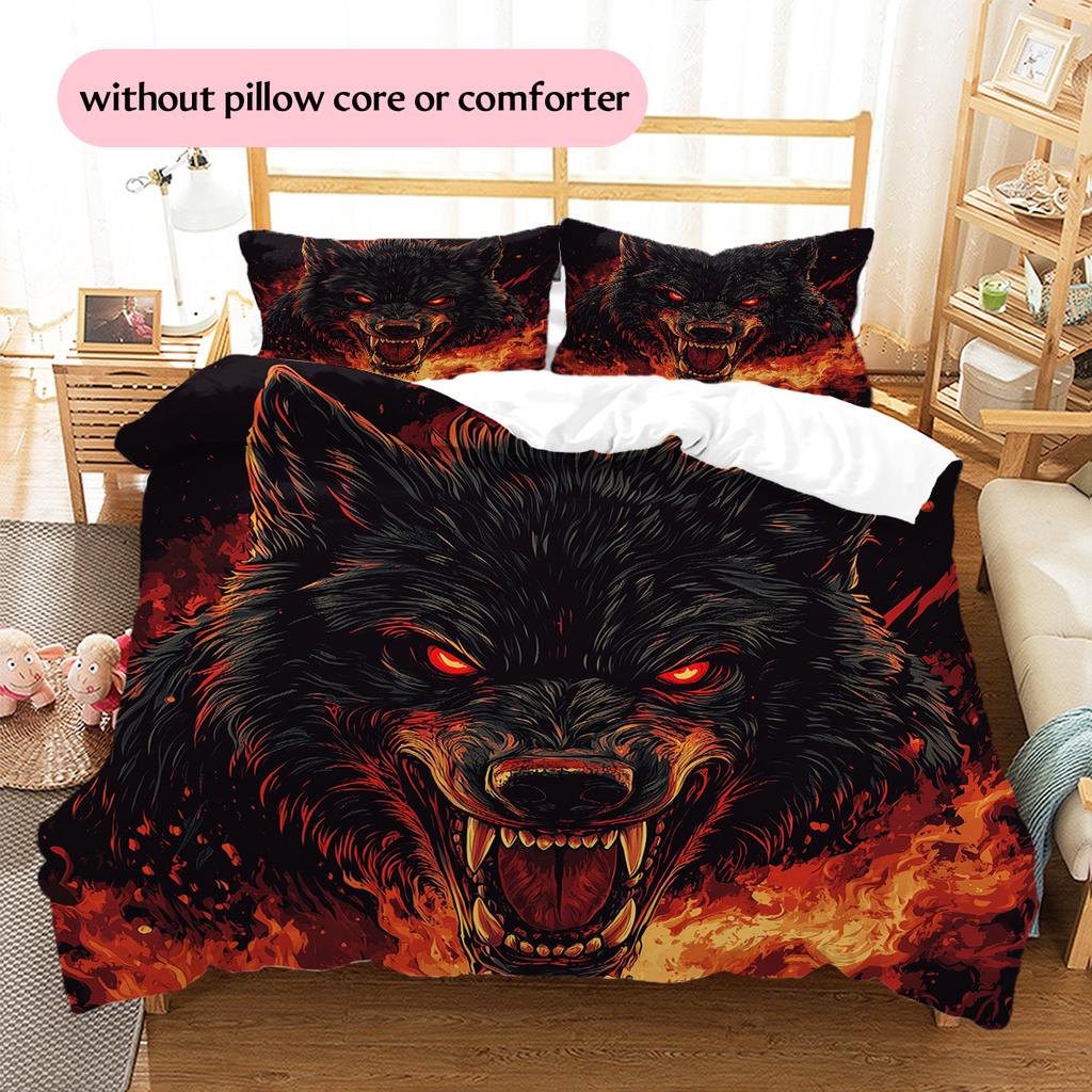 Flame Wolf Pattern Bedding Quilt Set Quilt Cover Pillowcase Home Decoration Gift (1 * duvet cover + 2 * pillowcase, without core)