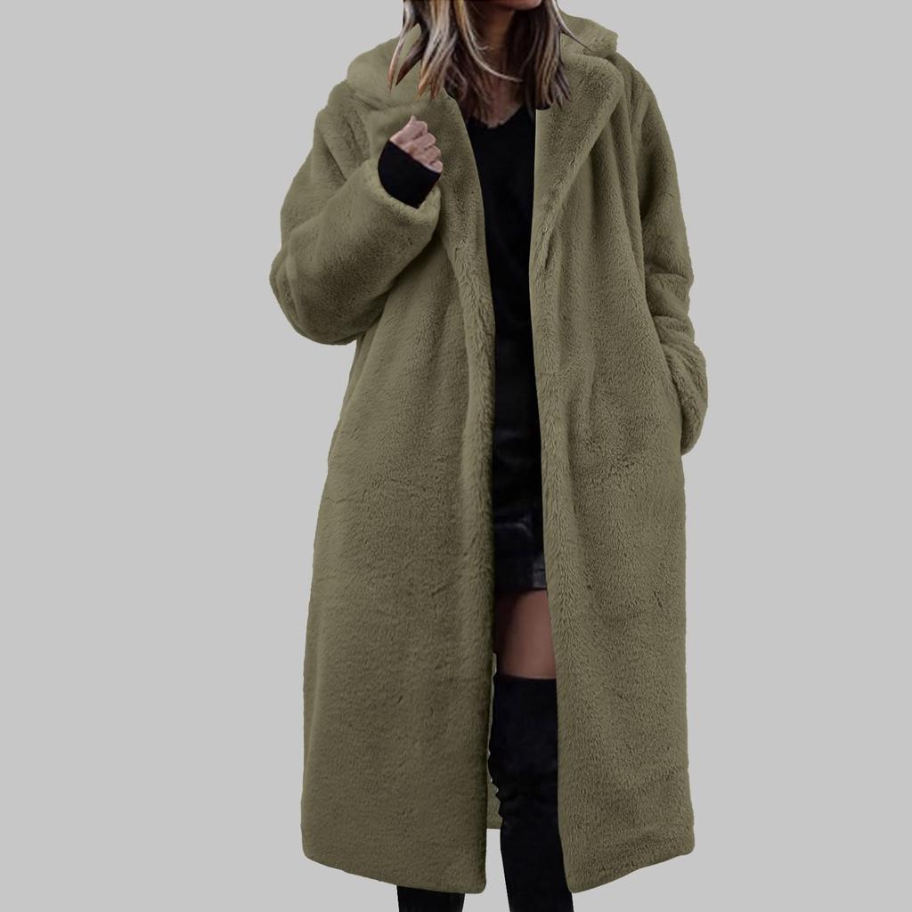 Women's Long Solid Color Fashionable Winter Loose Flip Collar Plush Jacket