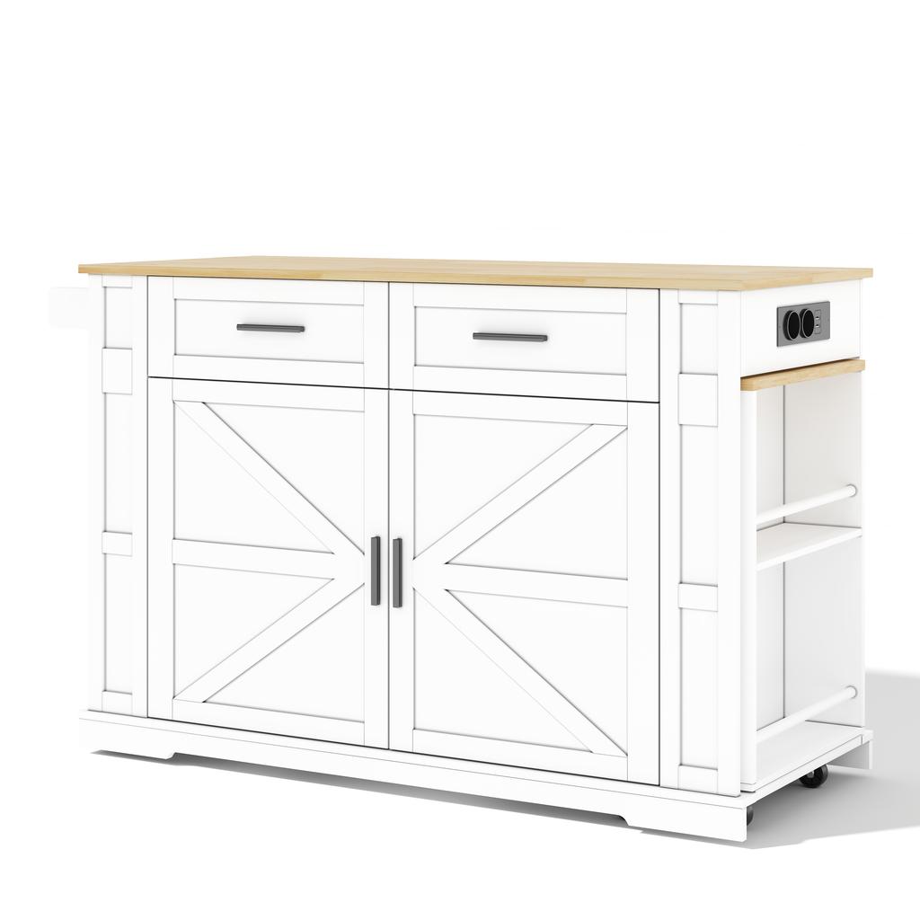 Kitchen island with pull-out worktop, 120×50×93cm, power strip, 2 drawers, double-door cabinet, adjustable shelf, towel holder & 7 casters, white/oak