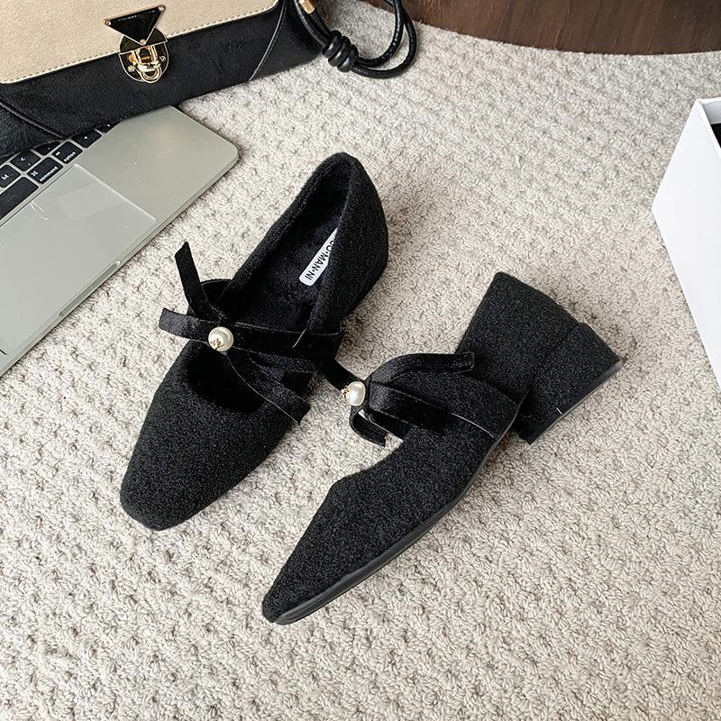 Серые туфли-лодочки с бантом, женские зимние туфли с волосами, модная верхняя одежда, нежный стиль феи, толстый каблук, туфли Мэри Джейн
