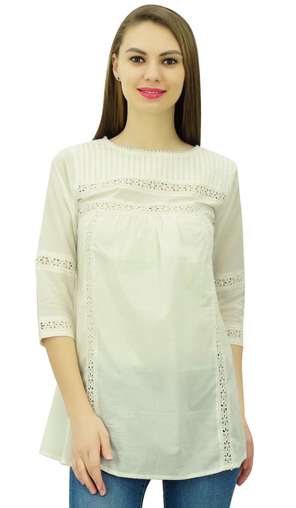 Phagun Women's 3 4 Sleeves Designer Lace Short Tunic Cotton Blouse Summer Casual