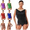 Womens Latin Dance Bodysuit Crew Neck Sleeveless Rhinestone Tassel Design Openable Crotch Leotard
