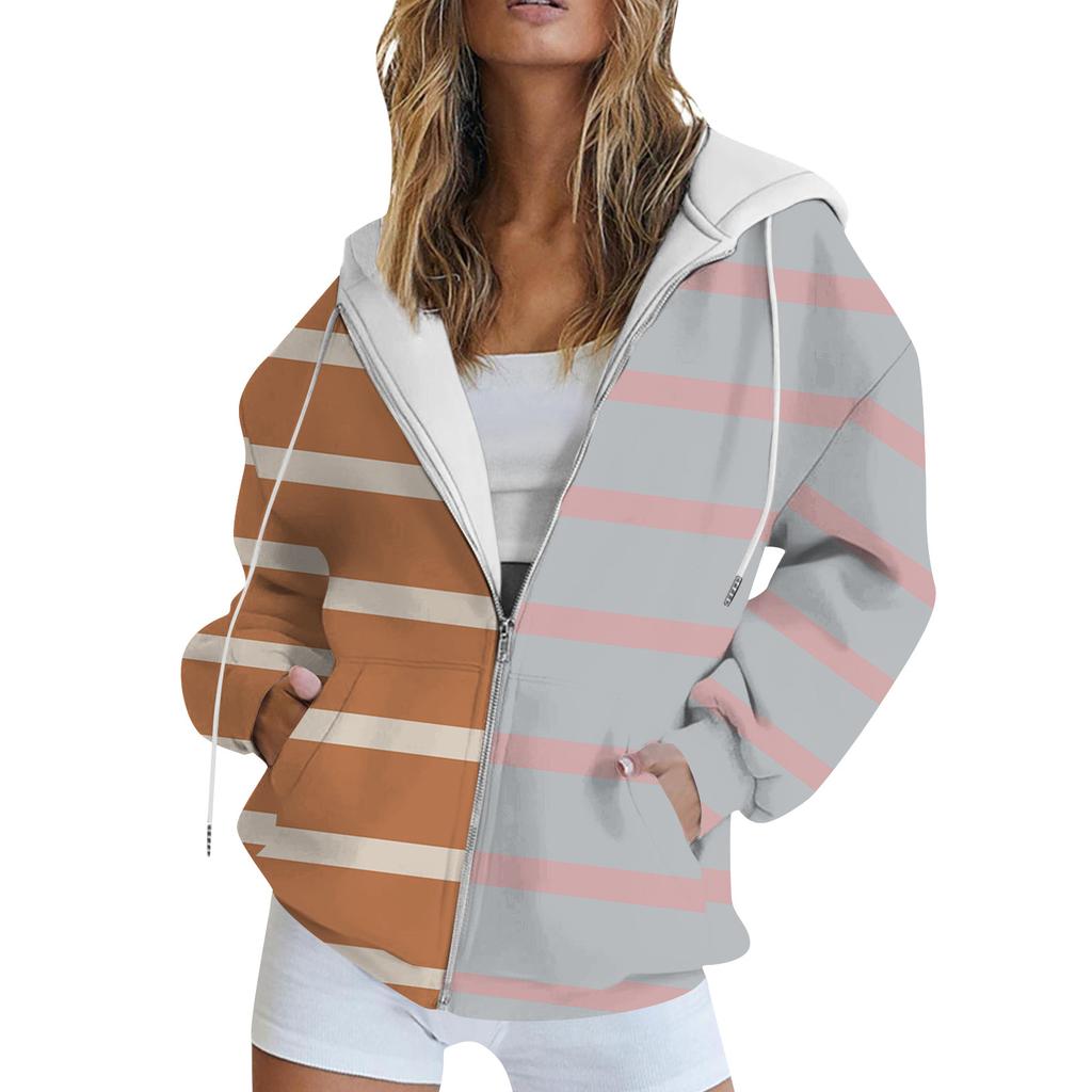 Women's Long Sleeve Print Sweatshirt Long Sleeve Pocket Jacket Zipper Hoodie Coat
