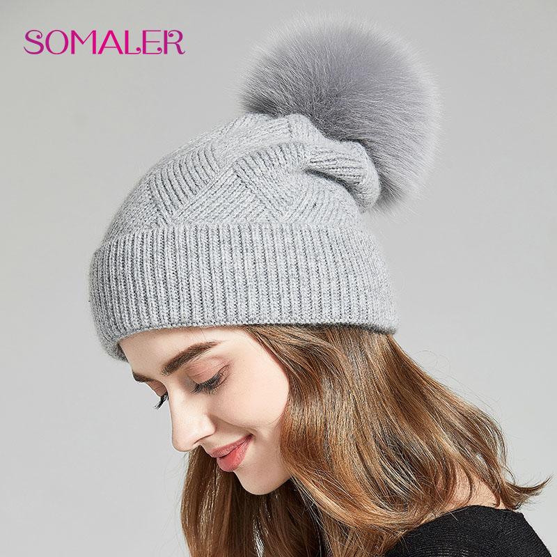 SOMALER Winter Hats For Women Natural Fur Pompom Hat Warm Wool Slouchy Beanies For Female Fashion Skullies Lady Hats
