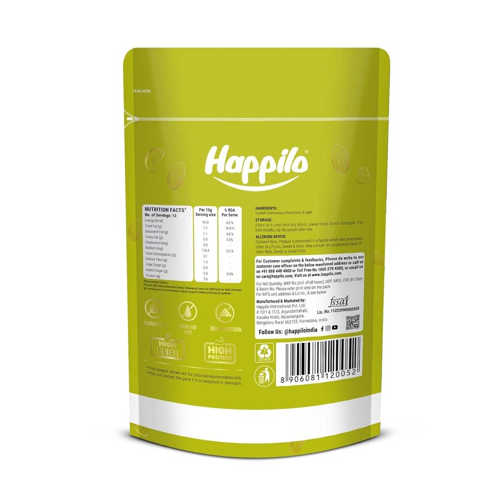 Фисташки жареные соленые (200 г), Premium Roasted & Salted Jumbo California Pistachios,  Happilo