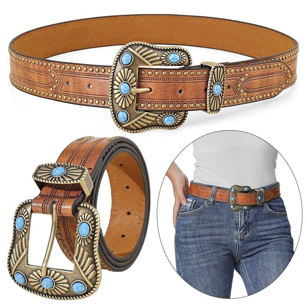 PU Leather Floral Engraved Leather Belt Cowgirl Cowboy Country Belts  for Jeans Pant