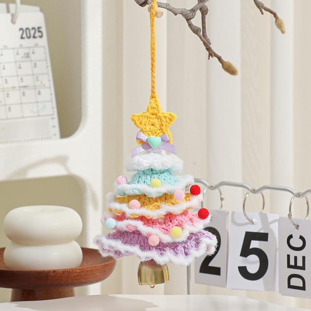 Crochet Christmas Tree Hanging Pendant - Knitted Plush Decor with Jingle Bell for Xmas Party & Home