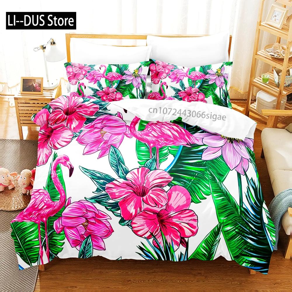 Pink Flamingo Duvet Cover Green Leaves Floral Animal Print Bedding Set For Kids Girls Tropical Pattern Design Bedroom Decor