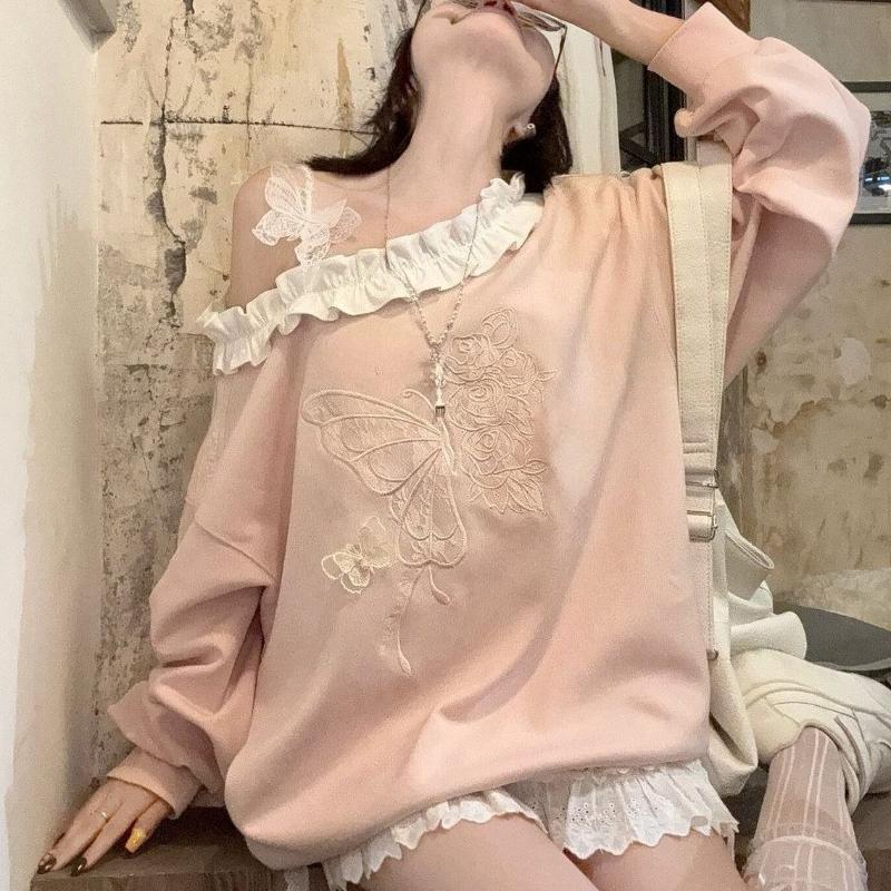 Butterfly Embroidered Women's Sweatshirt One‑shoulder Ruffled Lace Long Sleeved Pullover Korean Version New Style Sweet Woman Top