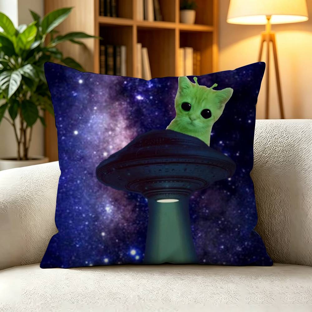 GGreen Alien Cat Square DoubleSided printed Pillow Case Bedroom Bedside Pillow Sofa Cushion Cover
