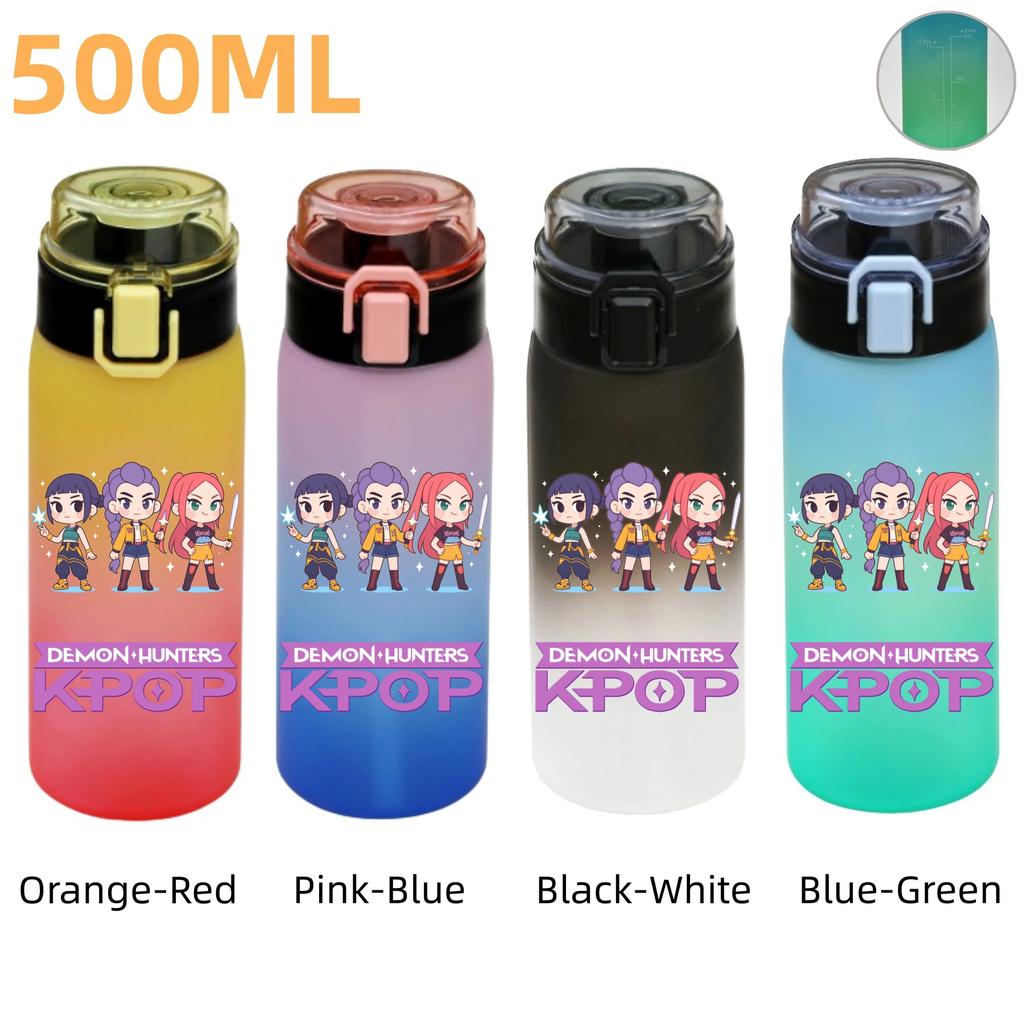 500ML KPop Demon Hunters Plastic Anime Water Cup Has Scale Travel Office Gym Hiking Portable Drink Bottles Outdoor Sport Gifts