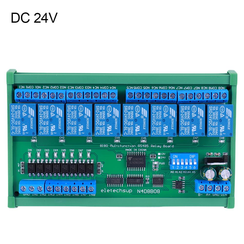 DC 12V 24V 8CH Isolated Input 8CH Output UART RS485 Relay Module DIN35 C45 Rail Modbus RTU Control Switch Board