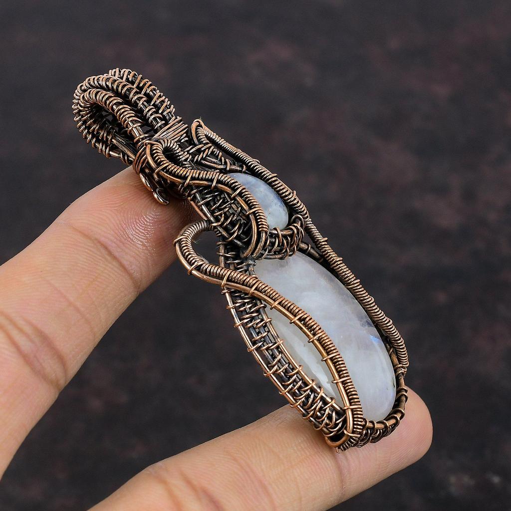 Кулон из радужного лунного камня, обернутый медной проволокой, украшения, кулон из натурального драгоценного камня, украшения ручной работы, медный кулон для подарка, кулон, обернутый проволокой