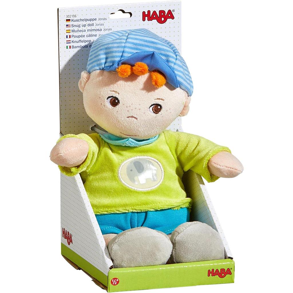 HABA Snug up Jonas - 11.5" Soft Boy Baby Doll with Embroidered Face - Machine Washable for Babies 6 Months +