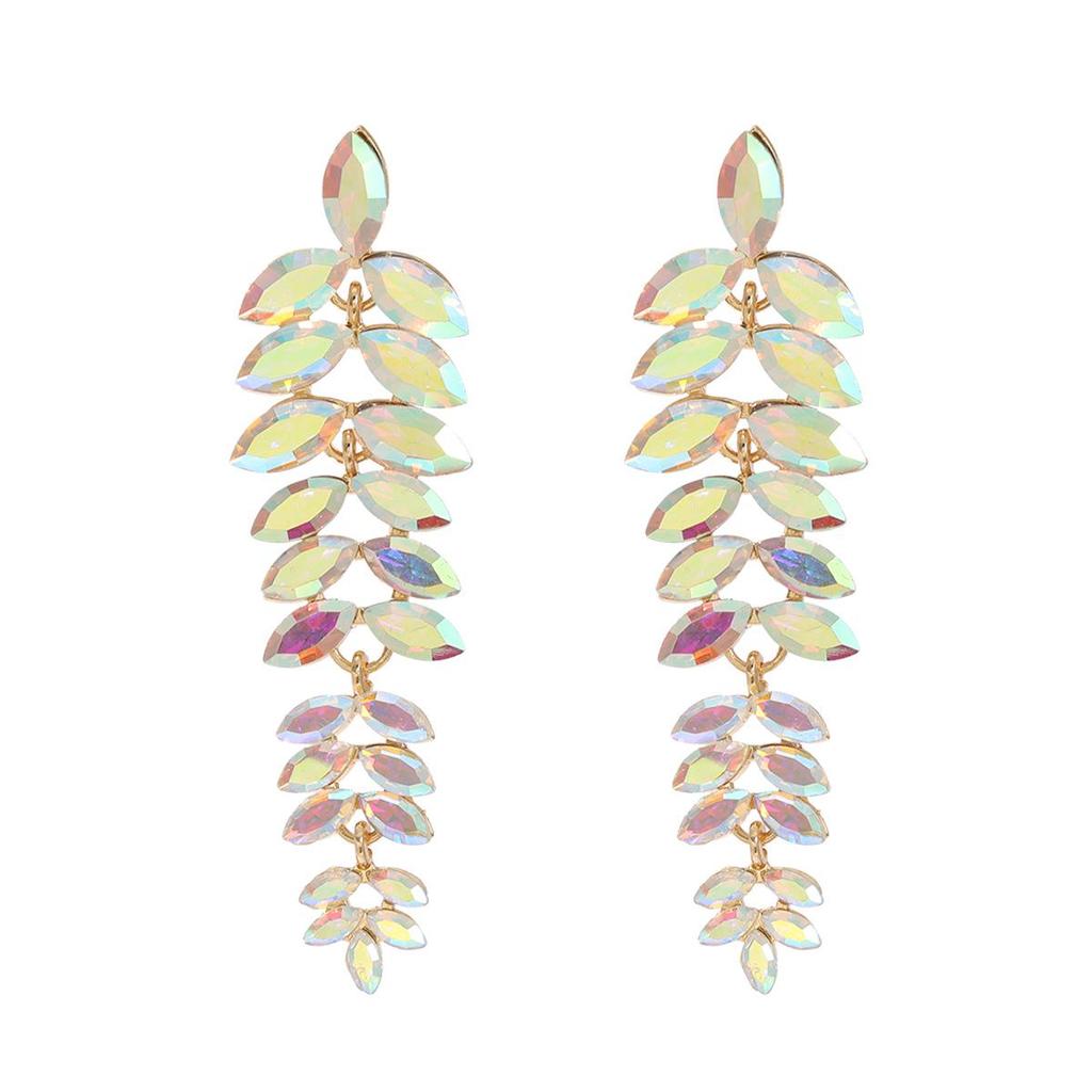 Colorful Diamond Flower Earrings for Women, Bold European Style Long Leaf Design, Perfect for Banquets