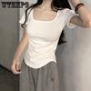 Women Short Sleeve Square Neck T-Shirt Spring and Autumn New Irregular Hem Slim Casual Top Girl Bottom Shirts