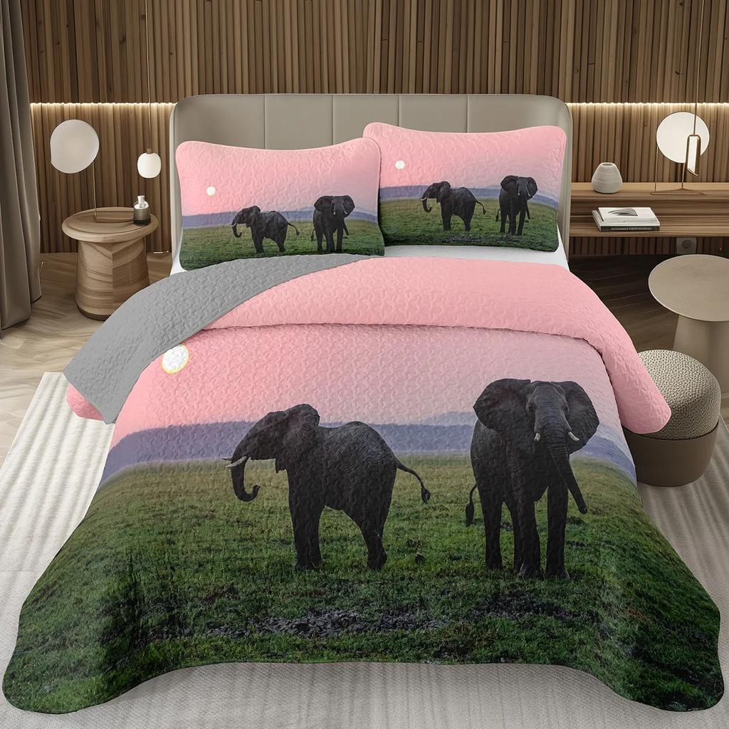 Elephant Bedspread Twin Queen King Size African Safari Animal Theme Quilt Set Jungle Wildlife Coverlet Set with 1/2 Pillowcase