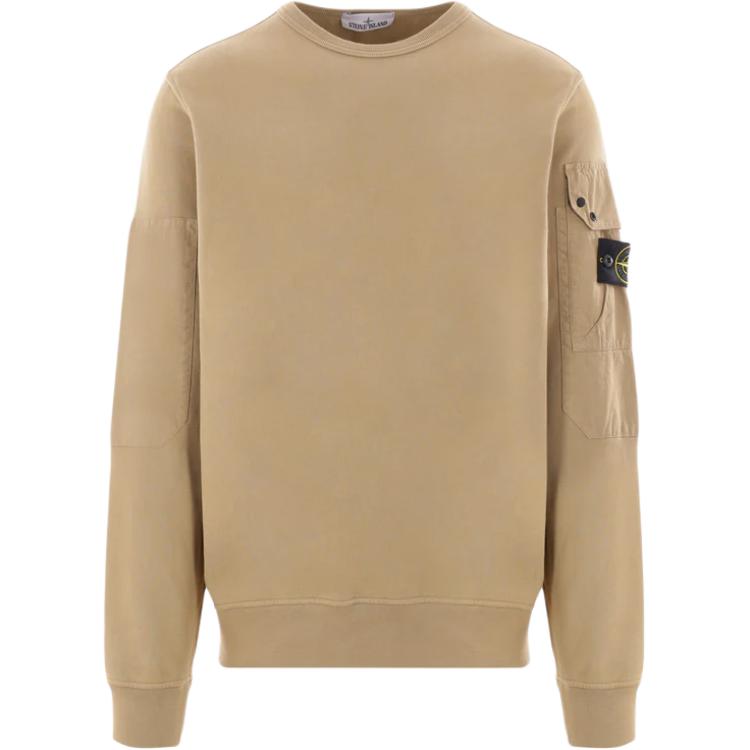 STONE ISLAND FW24 Лого Карман на рукаве Хлопковый пуловер с круглым вырезом Унисекс толстовка Коричневый 811563920-V0094