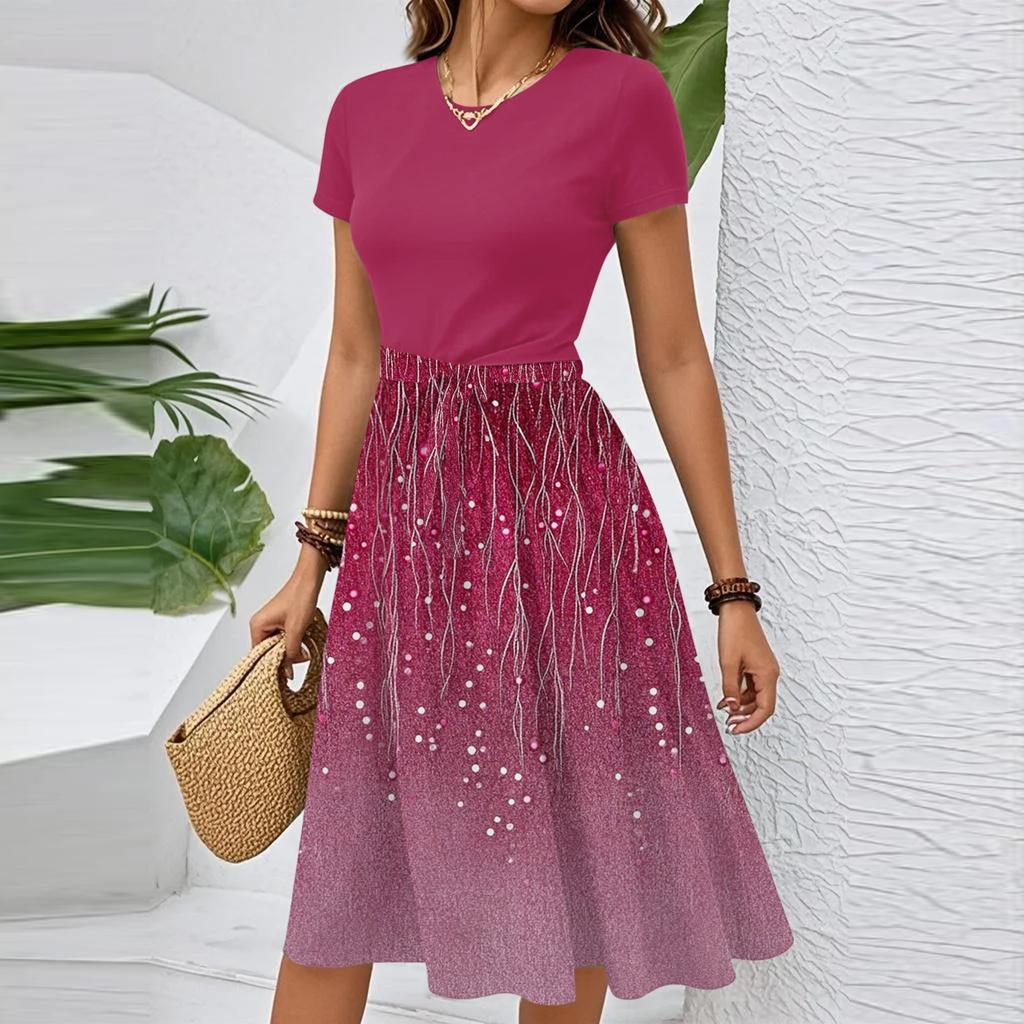 Women's Casual Fashion Belted Floral Print Short Sleeve Round Neck Elegant Dress