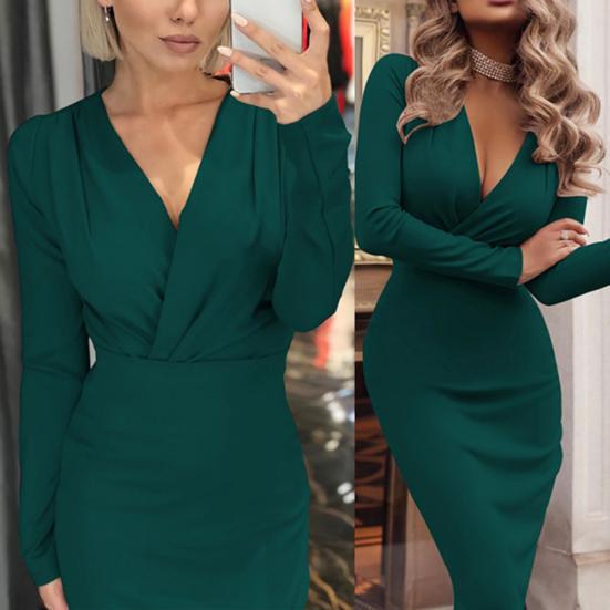 Вечернее женское сплошное платье с V-образным вырезом и длинным рукавом длиной до колена Bodycon Dress