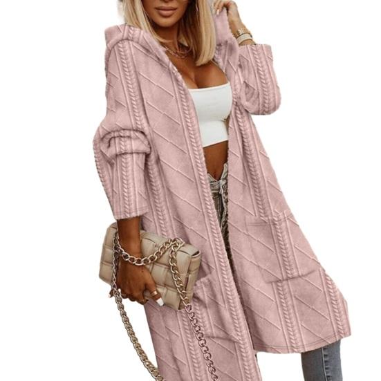 Женский осенне-зимний свитер, пальто с аппликацией с капюшоном, однотонный, толстый трикотаж, свободный, средней длины, с карманами, кардиган, с открытой строчкой, женский свитер, куртка