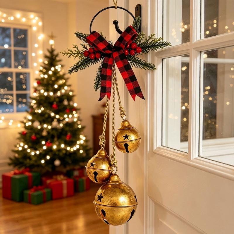 Metal Jingled Bells Christmas Hanging Ornaments Metal Bells Cluster with Tartans Ribbon for Mantels and Entryway Displays