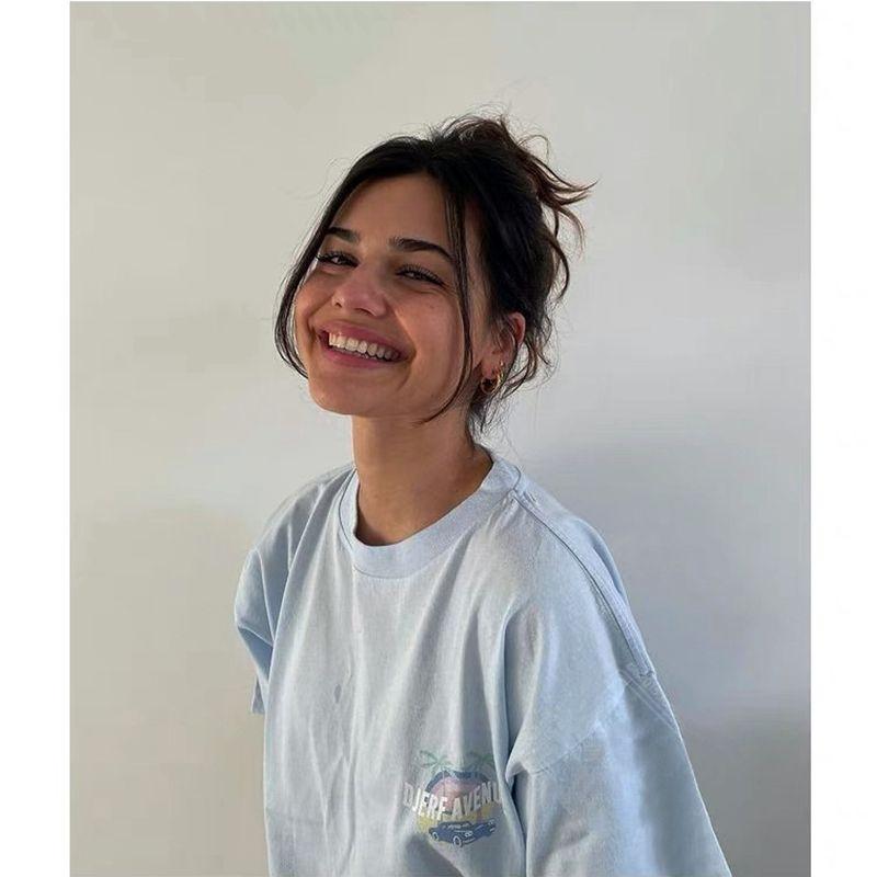 American Vintage Ins Niche Design Sense Coconut Tree Rainbow Letters Print Light Blue Pure Cotton Short Sleeve T-shirt Women