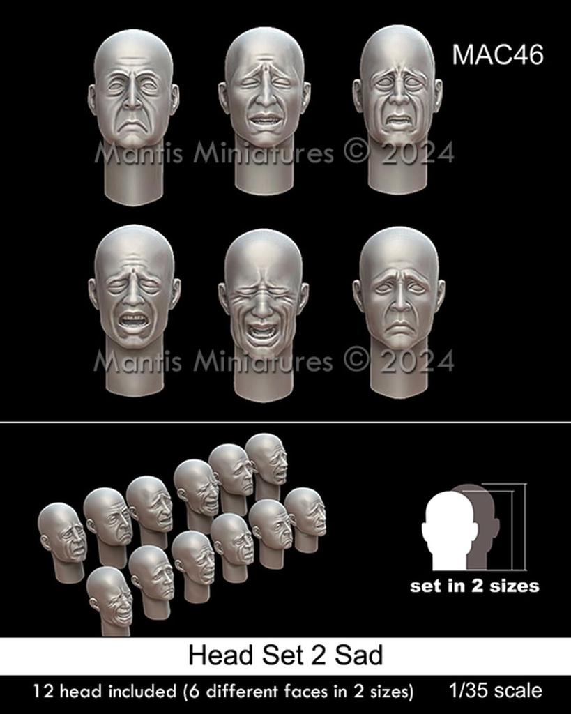 Mantis Miniature General Purpose Headset 2 Sad Expression 6 Types 2 Sizes 12 Pieces Resin Kit MAC46 1/35
