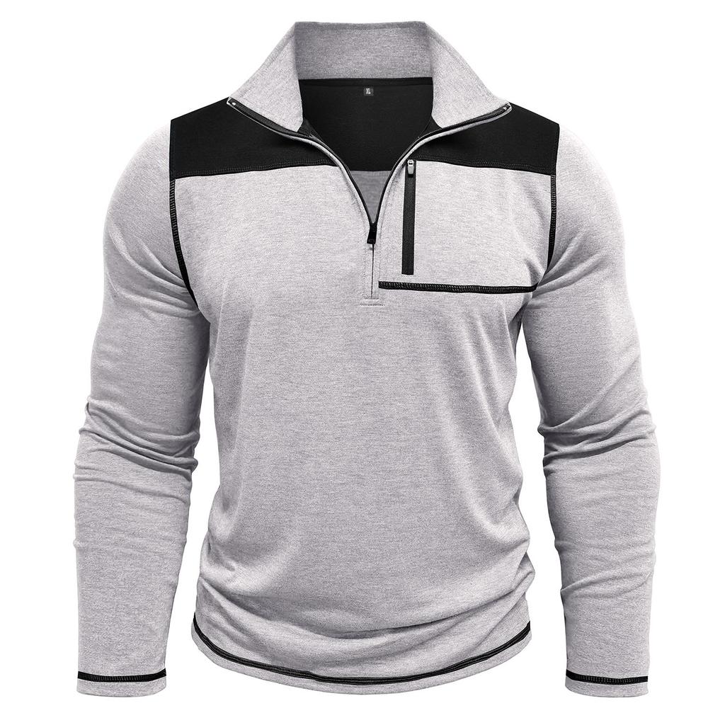 Мужские топы с воротником-стойкой, длинными рукавами, футболки контрастных цветов, свитшоты с застежкой-молнией и нагрудным карманом, повседневная спортивная одежда на осень и весну