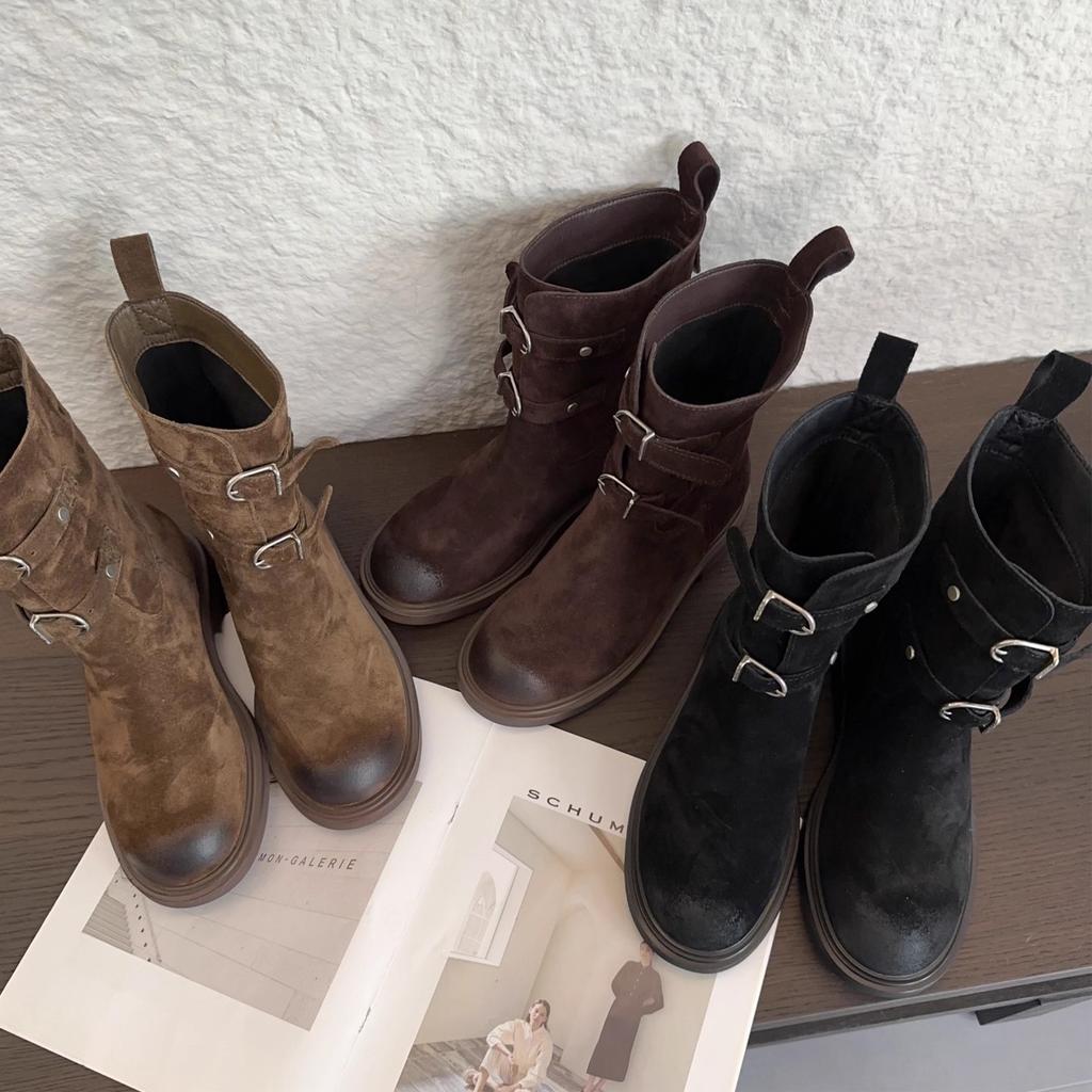 Версия из овчины~ ретро пряжка ремня пустошь вестерн ковбойские сапоги круглый носок полированные короткие сапоги женские на толстой подошве сапоги-рыцари