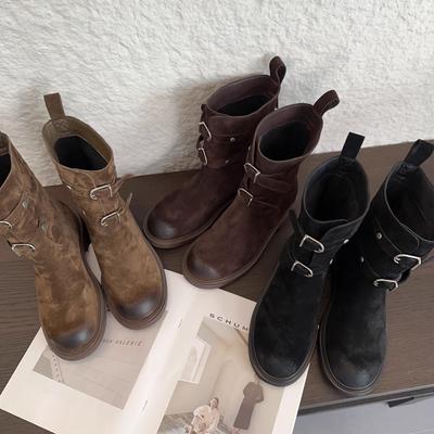 Версия из овчины~ ретро пряжка ремня пустошь вестерн ковбойские сапоги круглый носок полированные короткие сапоги женские на толстой подошве сапоги-рыцари