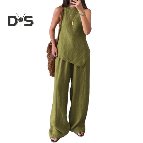 Женский комплект из двух предметов с неровным подолом, безрукавка, топ с круглым вырезом, широкие брюки, летний повседневный спортивный костюм