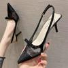 Women's 2025 New Polka Dot Chunky Heel Graceful Pointed Toe Shallow Mouth Slimming Baotou Bow Shoes Women Sandals 4.