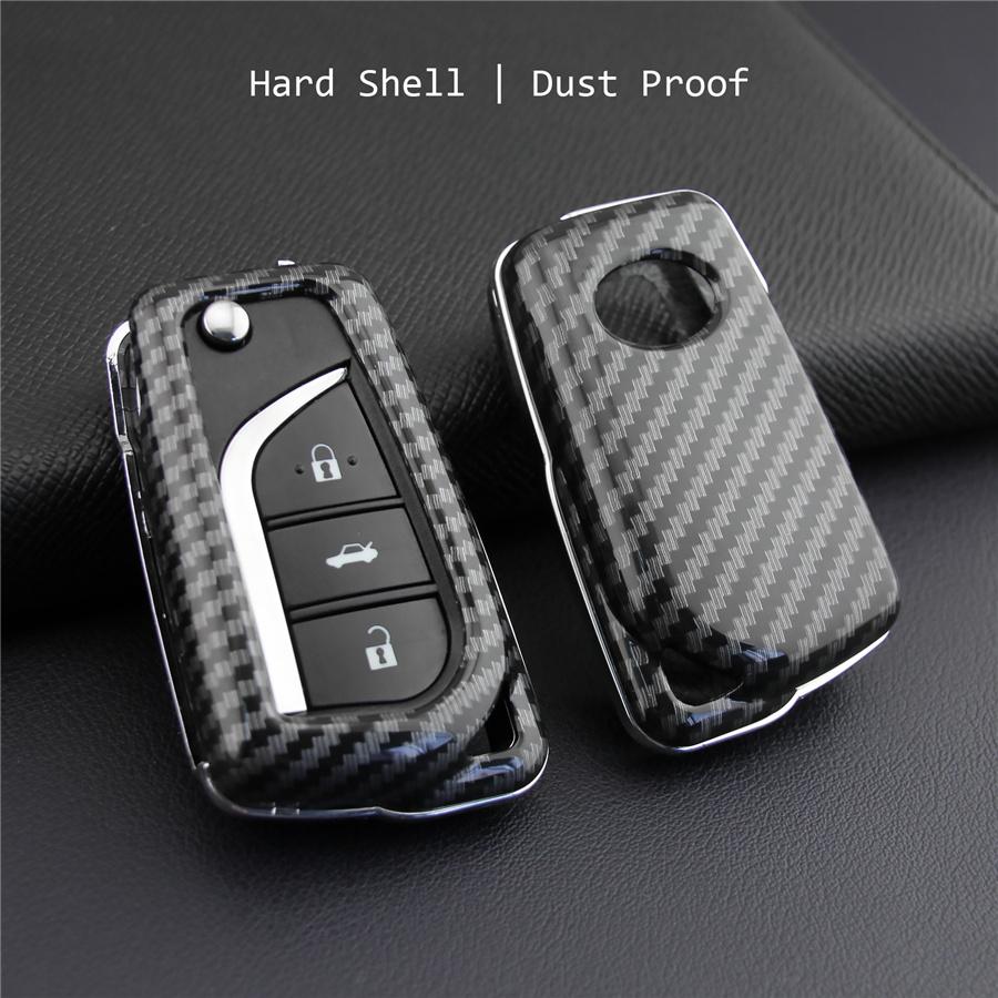 Carbon Fiber Flip Key Case Hard Shell Cover Accessories For Toyota Camry C-HR