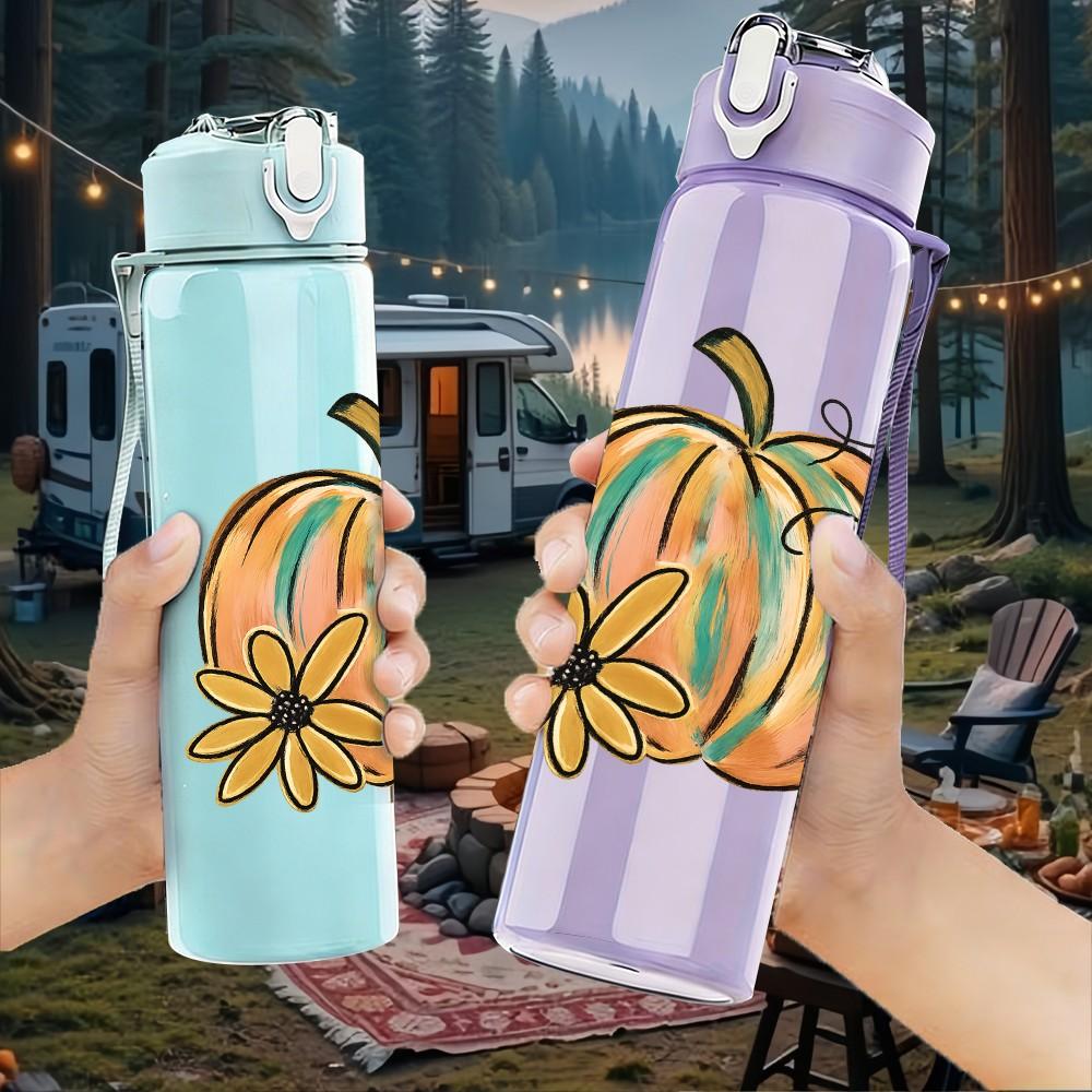 1PC Autumn Pumpkin Floral Art 750ml Color Plastic Sports Water Bottle Leakproof Flip Straw Lid Suitable for Sports Office Home Use