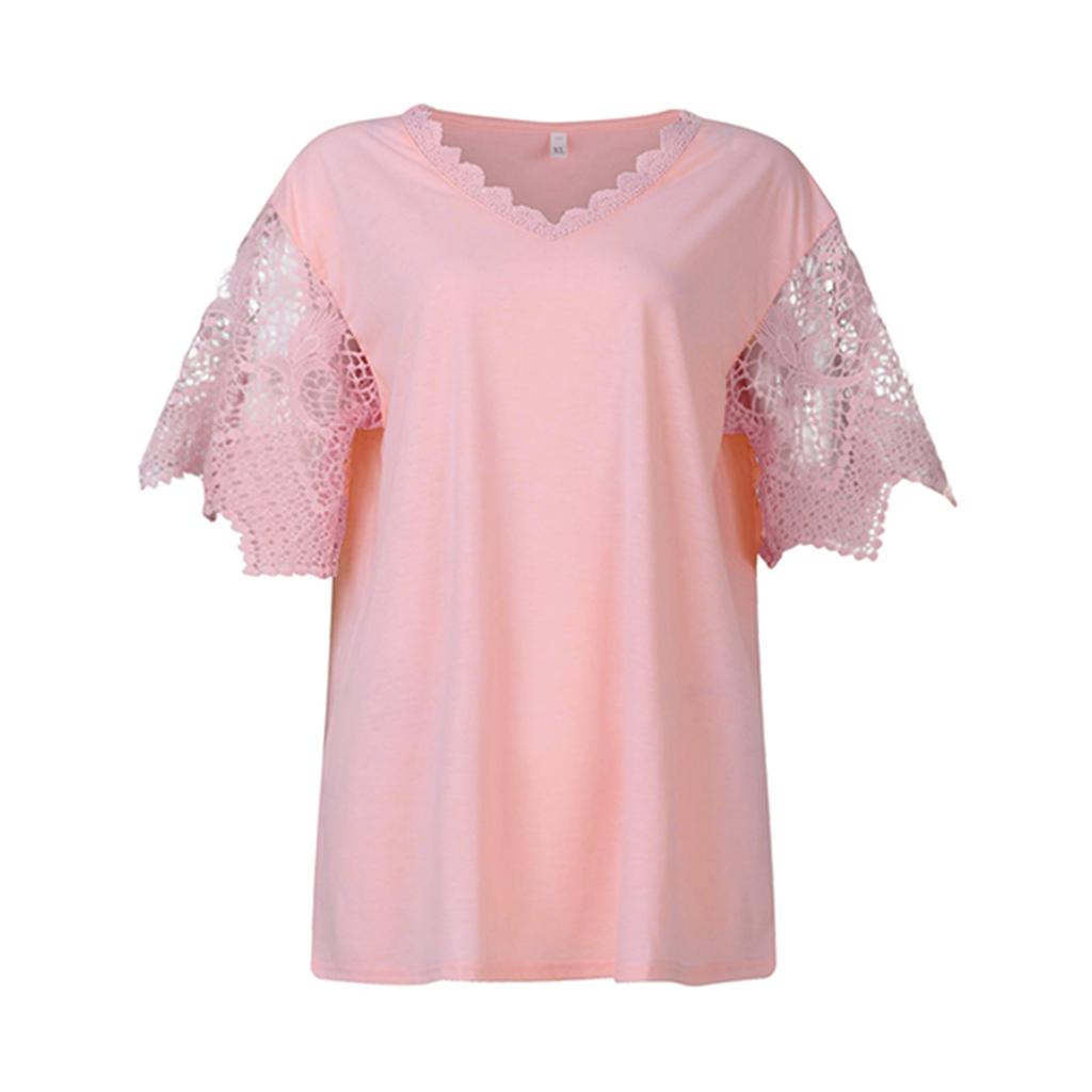 Женская модная кружевная лоскутная свободная футболка с v-образным вырезом и коротким рукавом