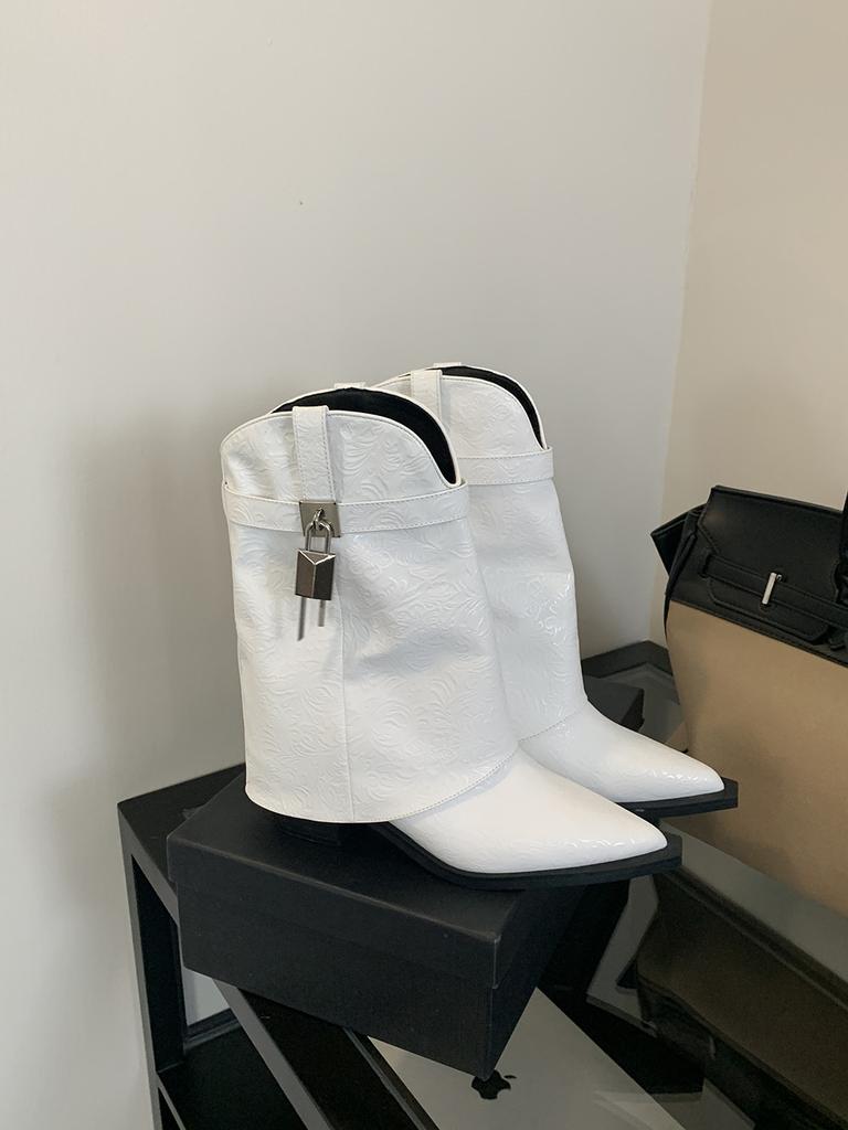 Fashion Pointed Toe Women Mid Calf Boots Black White Rivet Design Thick High Heels Fashion Dress Shoes Woman Side Zipper 2024 News