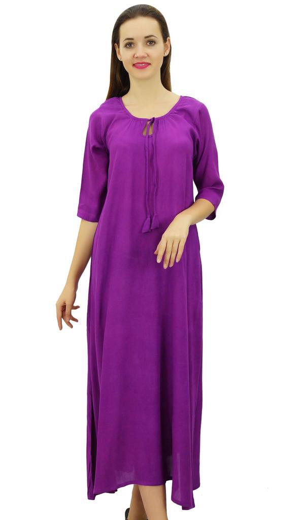 Bimba Women Rayon Purple Night Gown 3 4 Sleeve Long Maxi Night Dress