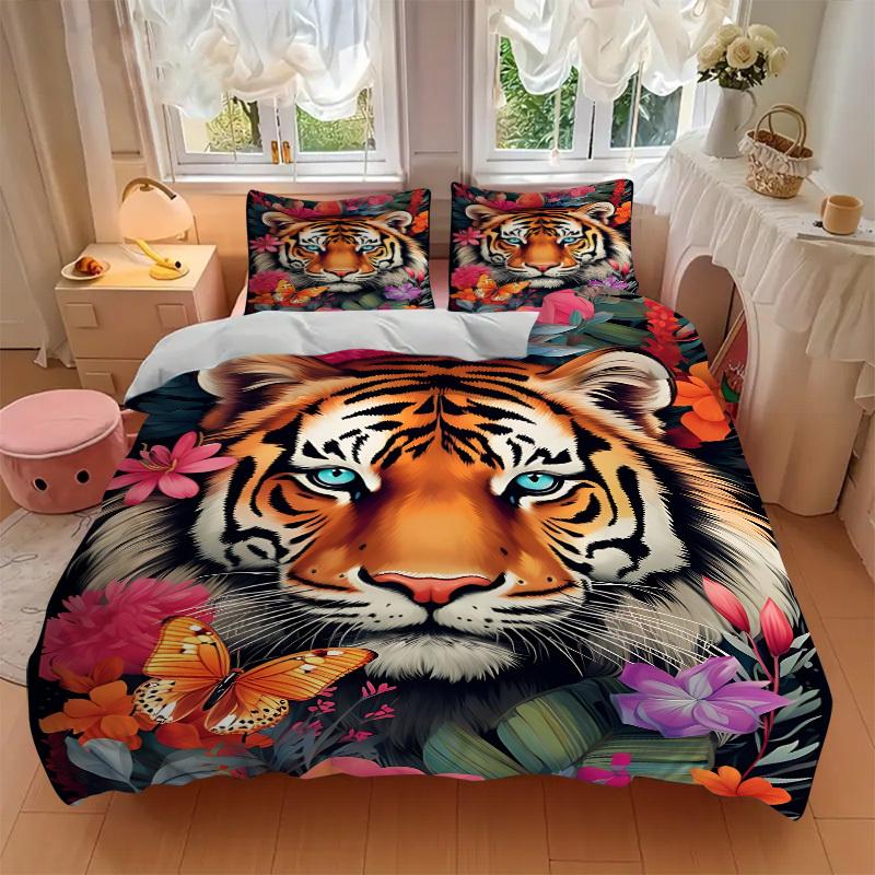 3pcs Tiger Floral Print Duvet Cover Set, Cover For Bedroom Guest Room (1 Duvet Cover + 2 Pillowcase, Without Quilt), yy250922107