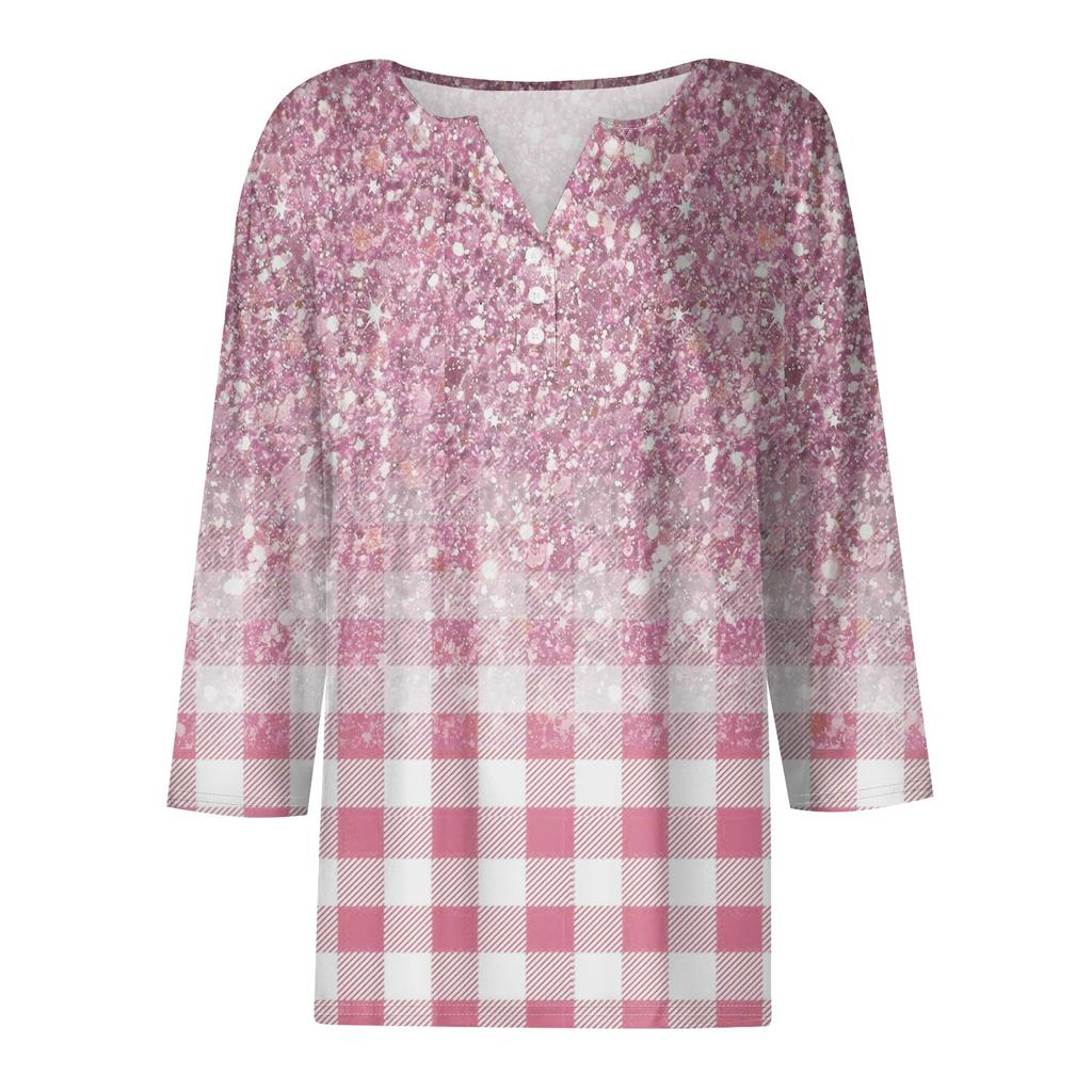 Жен. Футболка Футболка С принтом Пуговицы Рукав 3/4Ежедневно Выходные Мода Классический Топ с v-образным вырезом Обычный