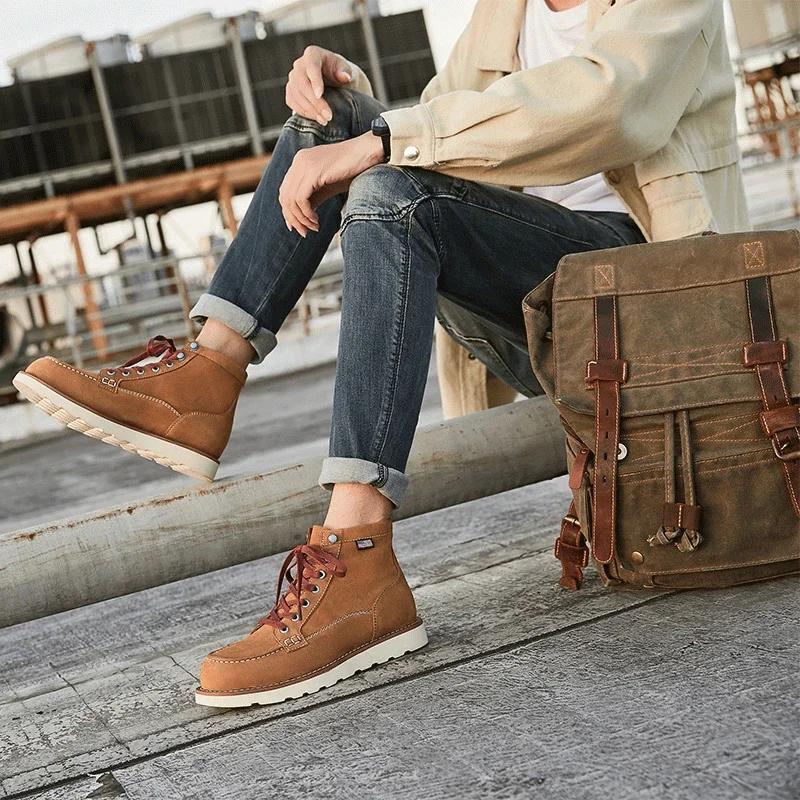 Модные большие желтые ботильоны для мужчин, на шнуровке, нескользящие рабочие ботинки, натуральная кожа, теплая обувь, армейские ботинки 2024 года в стиле ретро