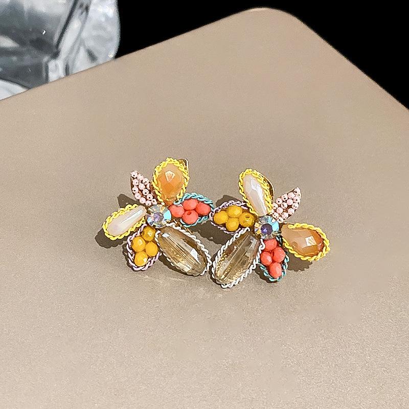 Богемные розовые серьги-кисточки с цветком из бисера и жемчуга