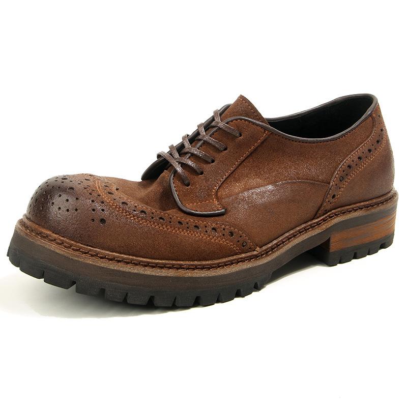16-5 Oil Wax Matte Brock Engraved Men's Shoes Big Head Leather Shoes Retro Round Head Tooling Shoes Platform Casual Leather Shoes