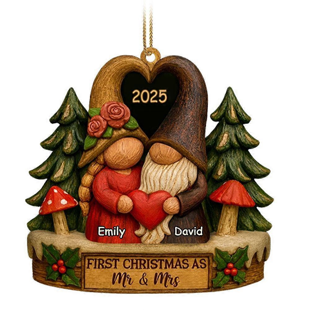 First Festival As Mr & Mrs, Rustic Gnome Couple Holding Heart Wooden Ornament