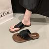 Fashion 2025 New Summer Women Low Rubber Flip Flops Shoes Fabric Rome Hoof Heels PU Low Rubber Flip-Flops Rome Shoes