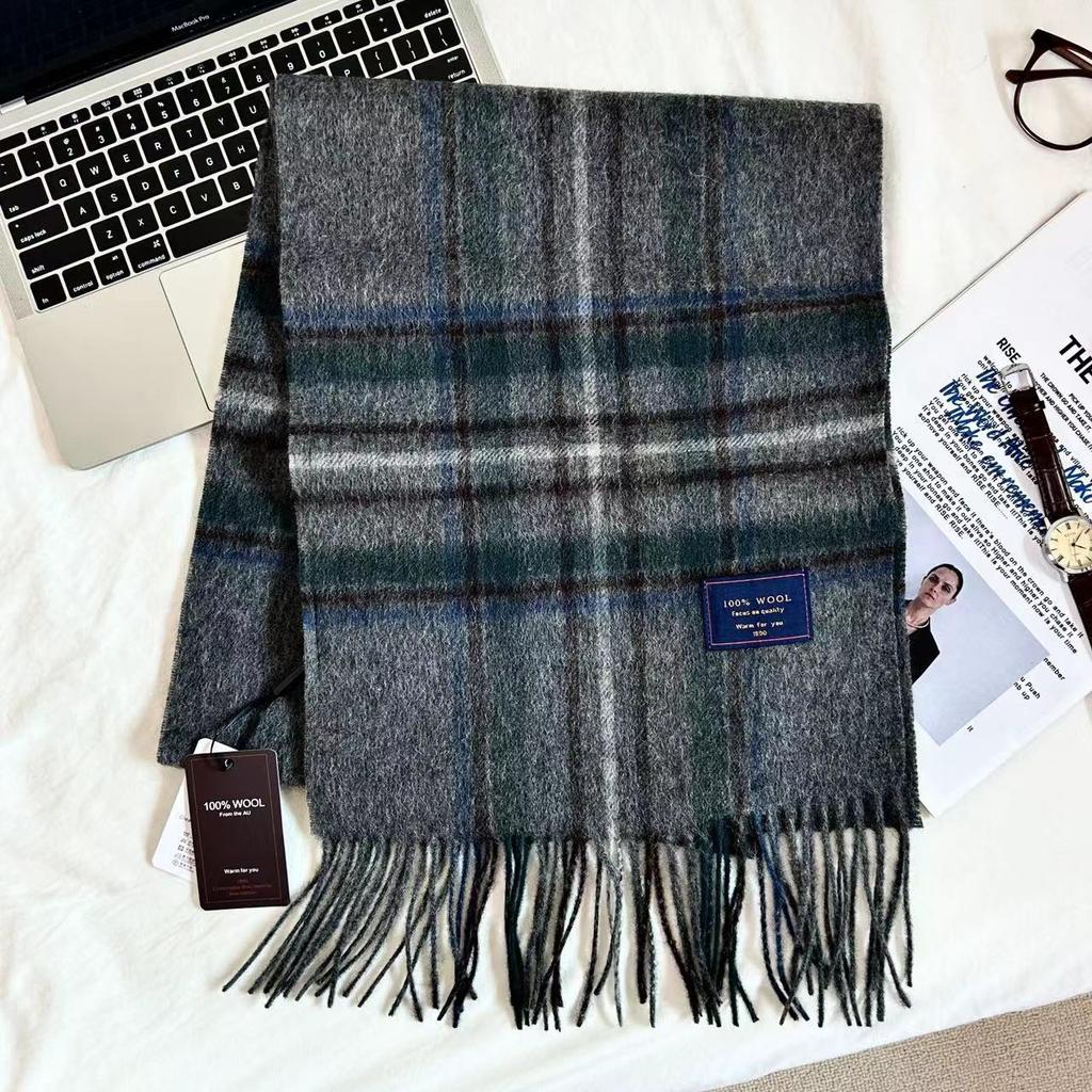 Men Scarf 100% Wool Plaid Warm Soft Muffler Female Winter Autumn Couple Cashmere Windproof Stripe Tassel Shawl Male Thick Scarf