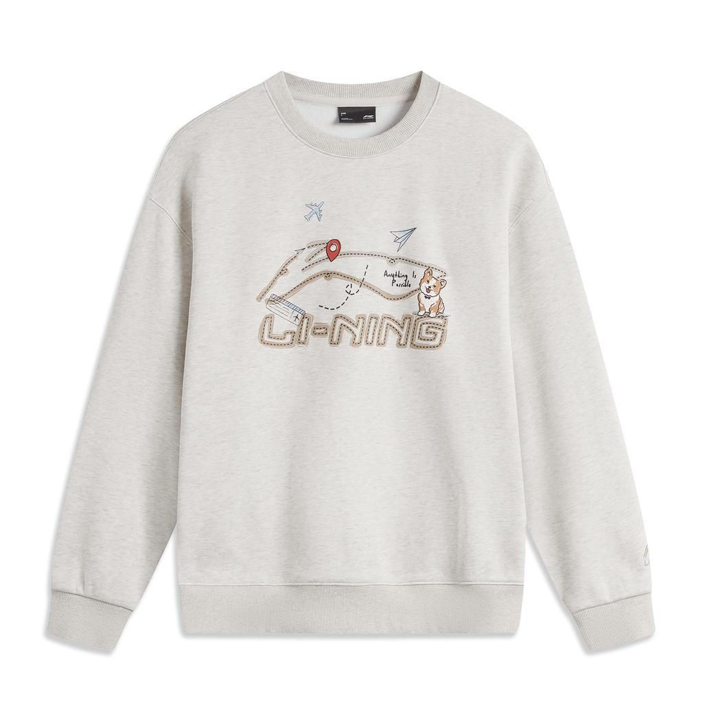 Li Ning Sports Fashion Series Far Infrared Warmth Anti-Static Anti-Bacterial Crew Neck Loose Fleece Pullover Casual Long Sleeve Sweatshirt AWDUF90-1